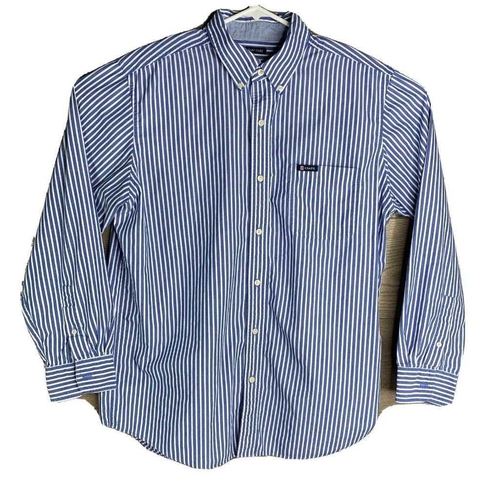Chaps Easy Care Shirt Mens L Blue Strip White Button Down Collar Long Sleeve - Picture 1 of 8
